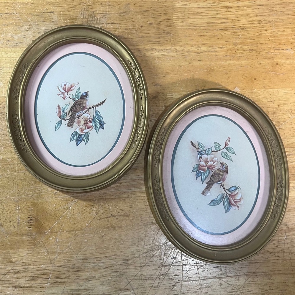 Vtg Bird Magnolia Framed Print Set 2 Gold Oval Wall Art Pink Floral Decor